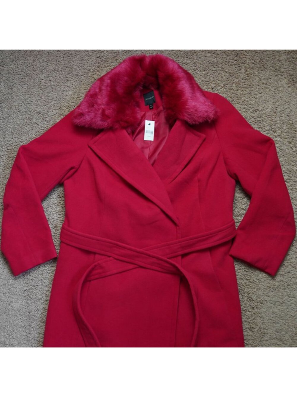NWT Lane Bryant Trench Coat Womens 14/16 Red Removable Faux Fur Collar Belt - Picture 4 of 15